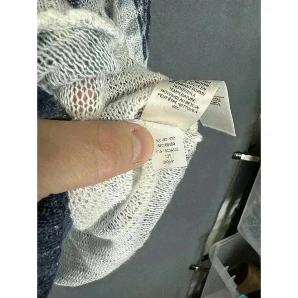 Chico’s Allison Pullover Open Knit Top 2/Large Blue Tie Dye Linen Asymmetrical - Picture 6 of 11